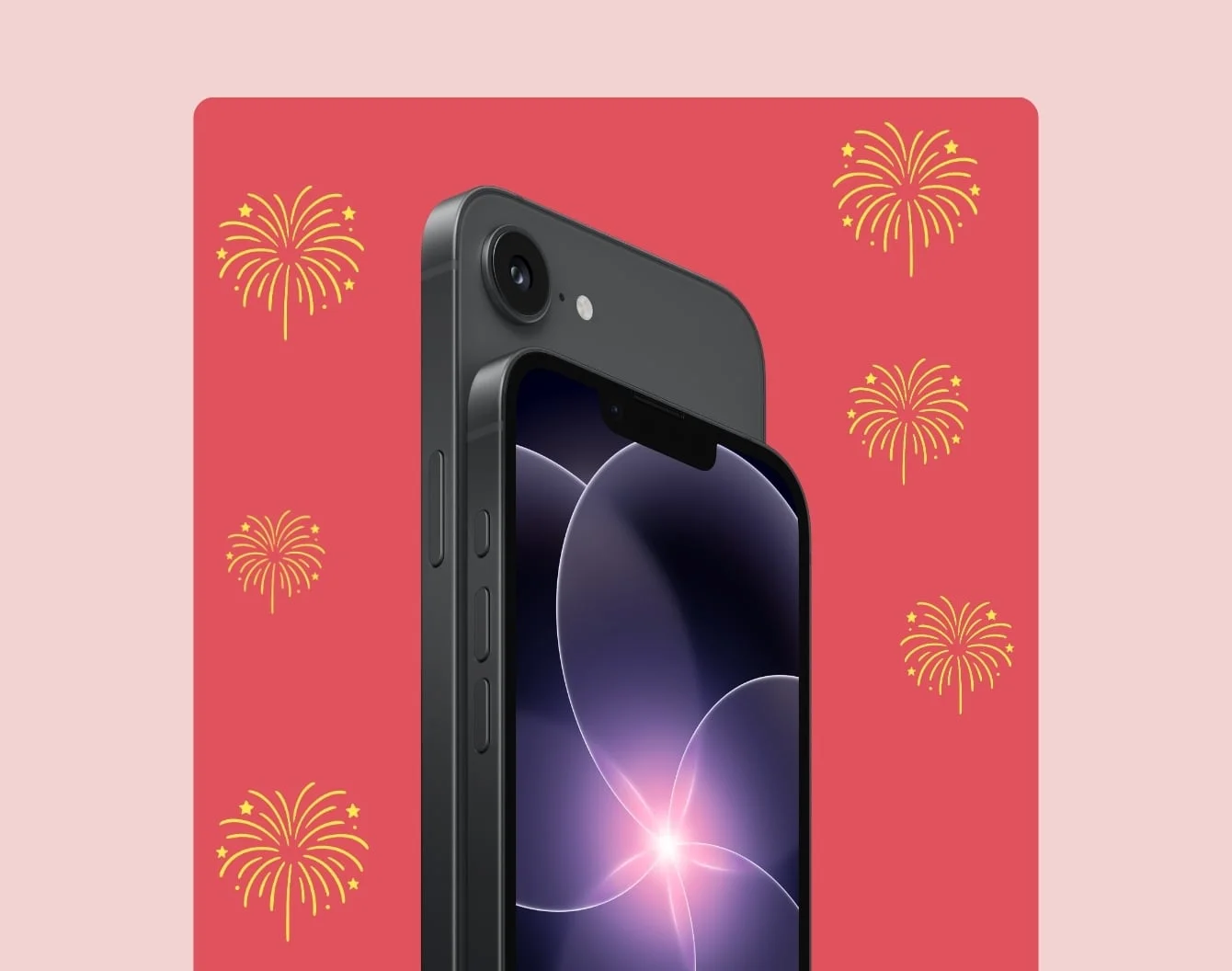 Small gold fireworks burst around a black iPhone 17e angled front screen & back on a medium pink rectangle against a light pink background.